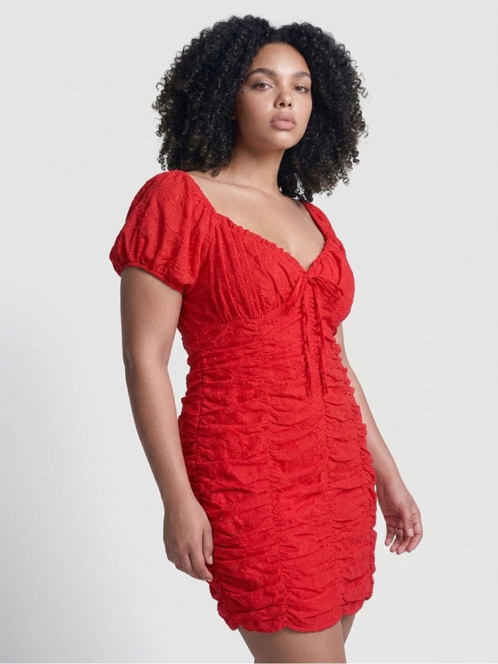 Lulus‎ Women's Red Solid Eyelet Ruched Mini Dress size XL